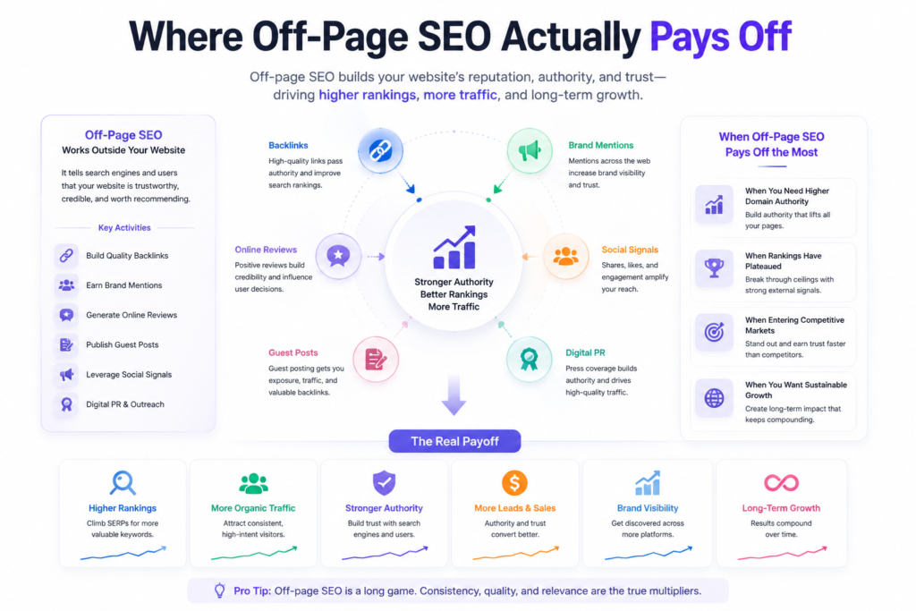 "Infographic showing where off-page SEO pays off by explaining how backlinks, brand mentions, social signals, online reviews, guest posts, and digital PR improve website authority, higher rankings, organic traffic, brand visibility, leads, and long-term growth."