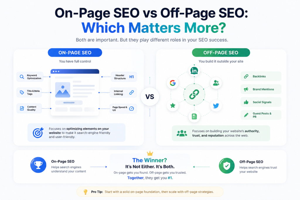 "On-Page SEO vs Off-Page SEO comparison infographic explaining which matters more, highlighting on-page optimization like keywords, content, meta tags, internal linking, and page speed versus off-page factors including backlinks, brand mentions, social signals, and guest posting, showing both are essential for SEO success."