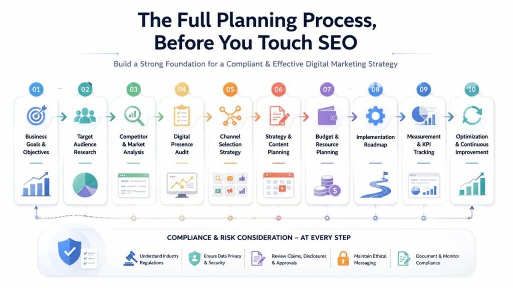 Digital marketing plan and strategy for regulated industries showing the full planning process before SEO, from business goals and audience research to channel selection, implementation, measurement, and optimization.